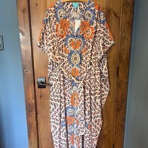 TAJ Vibrant Orange and Blue Patterned Kaftan